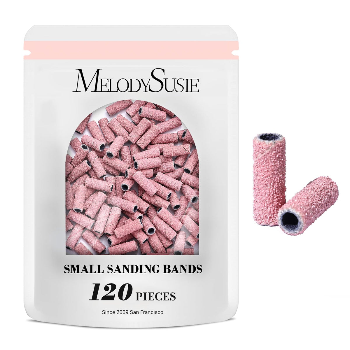 MelodySusie 120 Pcs Nail Drill Bits Small Sanding Bands for 3.1mm Mandrel Bit, 180 Fine Grit Nail File for Acrylic Nails Gel Manicures and Pedicure, Pink (Only Sanding Bands)