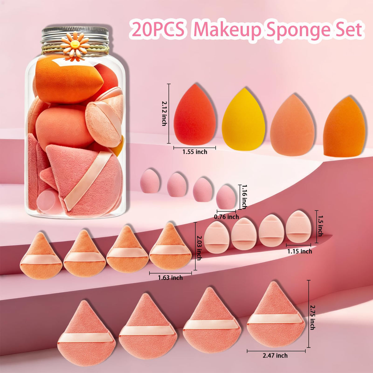 20PCS Makeup Sponge Set With Storage Jar, Wet & Dry Dual Use Beauty Blenders, Triangle Powder Puffs & Mini Finger Puffs,Soft Latex Free Sponges for Liquid, Cream, Powder And Concealer（Blue）