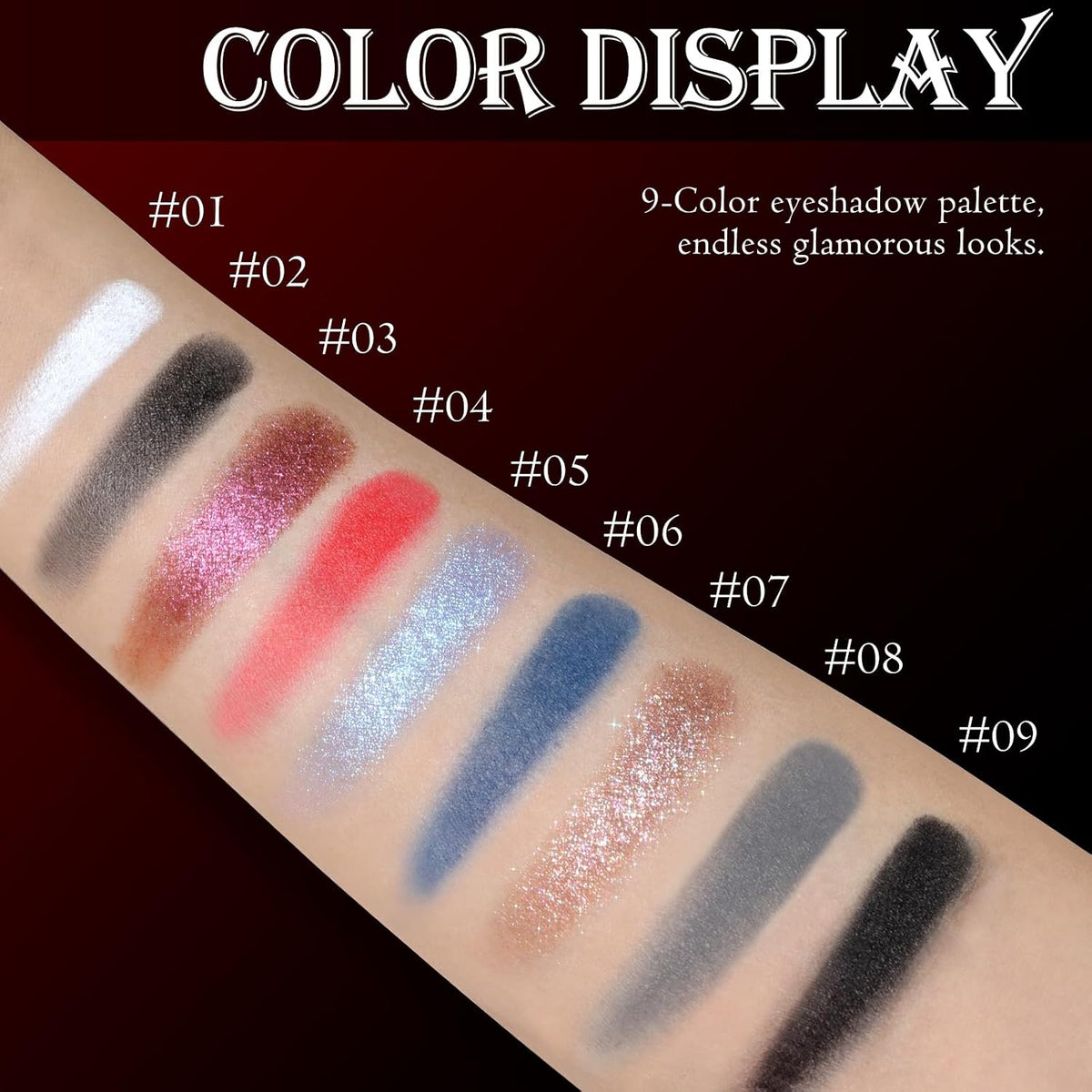9 Colors Black White Red Blue Eyeshadow Palette, High Pigmented Long Lasting Matte Glitter Smokey Eye Shadow for Christmas Goth Halloween Clown Zombie Vampire Skeleton Joker Costume Makeup