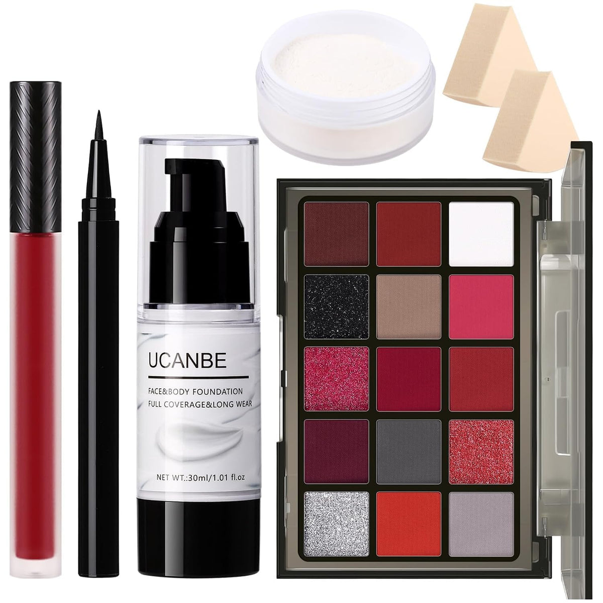 UCANBE Halloween Makeup Kit – 15-Color Purple Eyeshadow Palette, White Liquid Foundation, Purple Liquid Lipstick, Black Eyeliner, Setting Powder & Sponges Makeup Set for Cosplay Witch Devil Sorceress