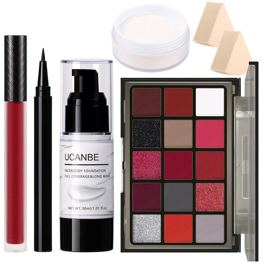 UCANBE Halloween Makeup Kit – 15-Color Purple Eyeshadow Palette, White Liquid Foundation, Purple Liquid Lipstick, Black Eyeliner, Setting Powder & Sponges Makeup Set for Cosplay Witch Devil Sorceress