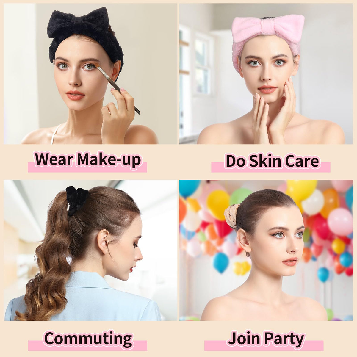 LEOBRO Spa Headband, 6pcs Makeup Headbands and Hair Scrunchies, Bow Skin Care Headband for Washing Face for Teen Girls Women, Easter Basket Valentines Christmas Gift for Girls, Black & White & Gray