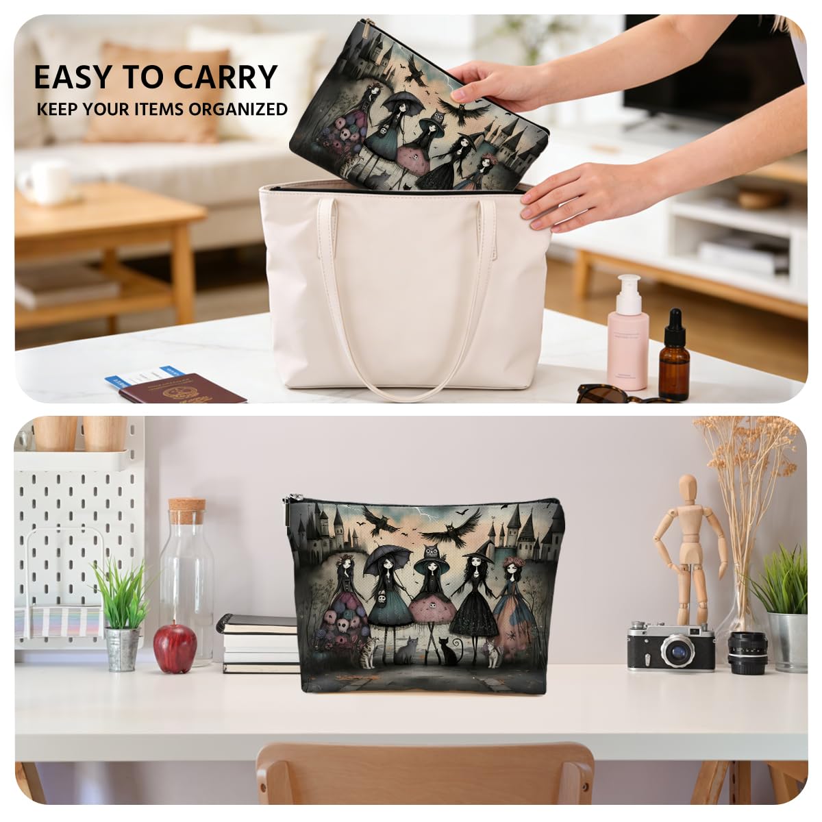 JIUWEIHU Goth Cat Makeup Bag, Funny Cat Cosmetic Bags Travel Organizer Bag