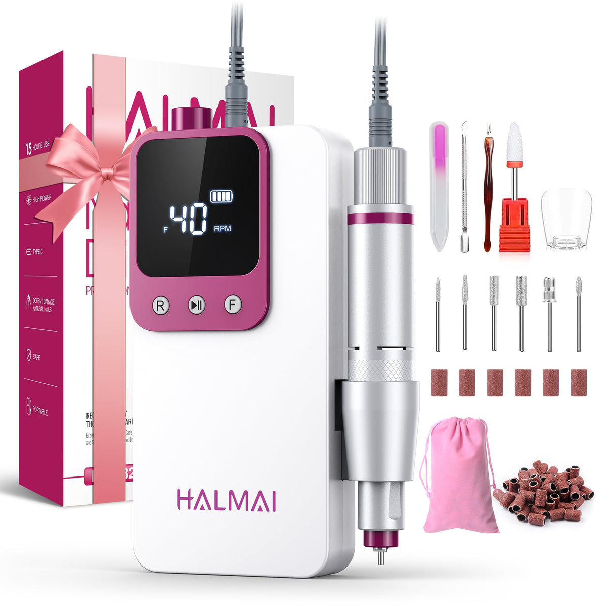 Electric Nail Drill Professional, Portable Nail File for Acrylic Gel Nails, Cordless Rechargeable Ultra Power Nail Drill Kit 40000RPM, Salon-Grade Efile Nail Machine (Dark Grey)