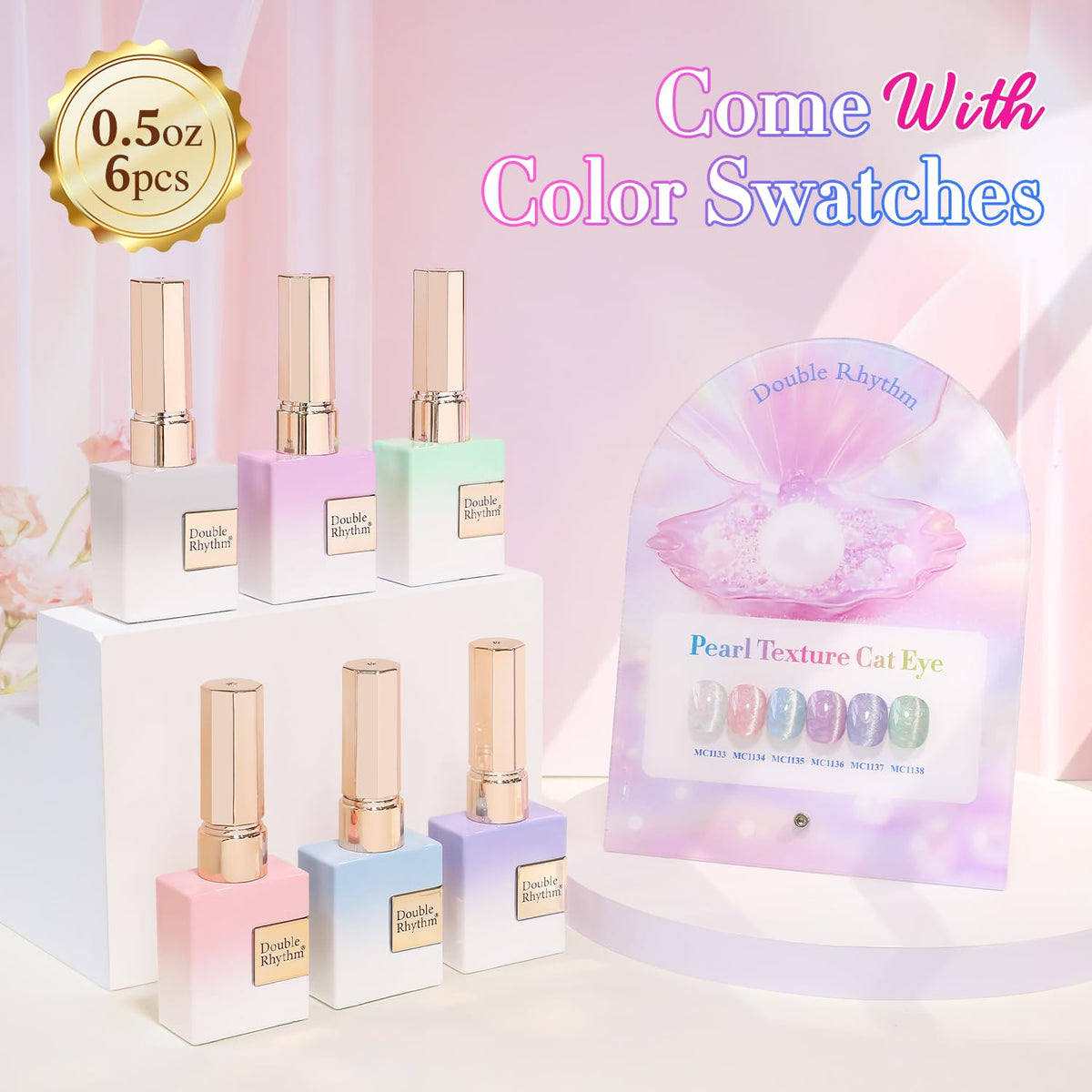 Double Rhythm Cat Eye Gel Nail Polish Set of 6 Same Color Same Bottle 0.5 Oz Shimmer Glitter with Magnet Holographic Magnetic UV Nail Polish Kit (Blush Fuchsia Magenta Purple Violet Lavender -T6-107)