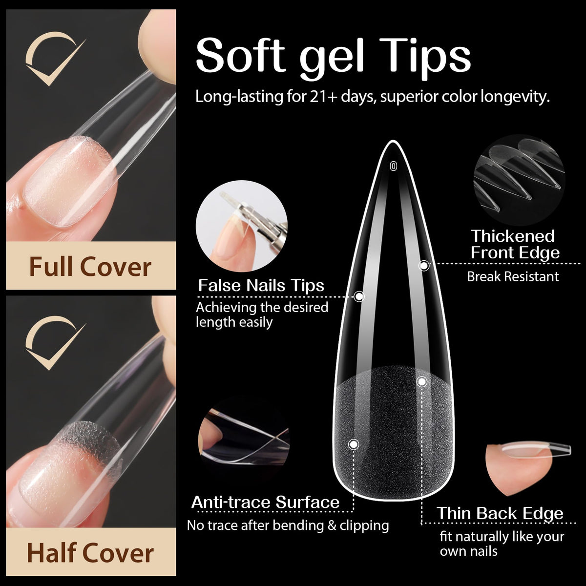 UNA GELLA Square Nail Tips XXL Long Half Cover Gel Tips 120PCS
