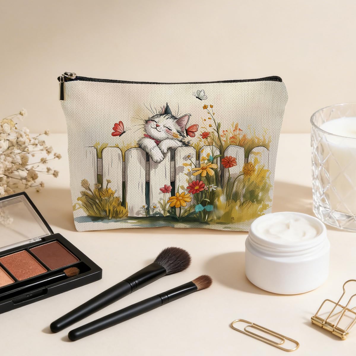 JIUWEIHU Goth Cat Makeup Bag, Funny Cat Cosmetic Bags Travel Organizer Bag