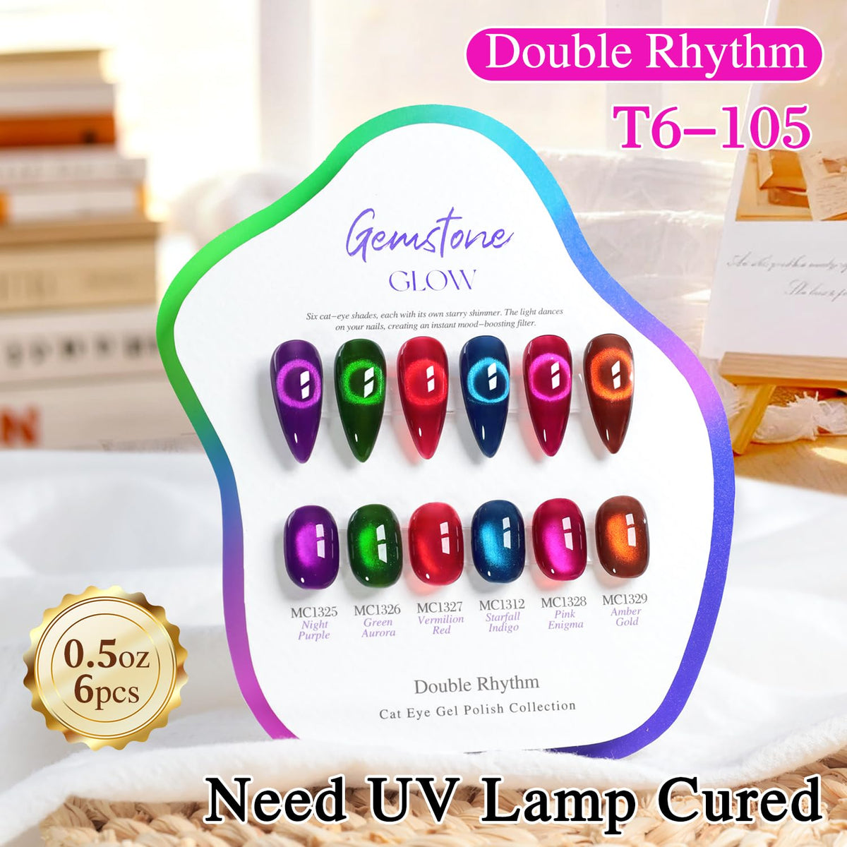 Double Rhythm Cat Eye Gel Nail Polish Set of 6 Same Color Same Bottle 0.5 Oz Shimmer Glitter with Magnet Holographic Magnetic UV Nail Polish Kit (Blush Fuchsia Magenta Purple Violet Lavender -T6-107)