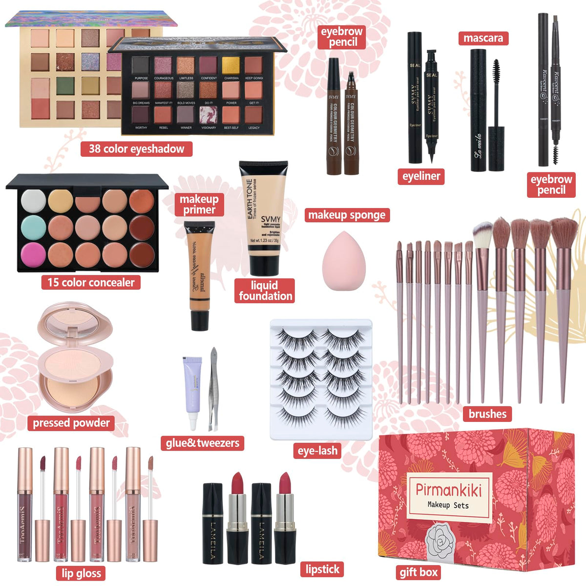 Makeup Set for Women Full Kit Includes, eyeshadow、 liquidfoundation,Loose powder,Eyebrow pencil,Lipstick Eye Pencil Makeup BrushesMakeup practice board 4-color lip gloss set