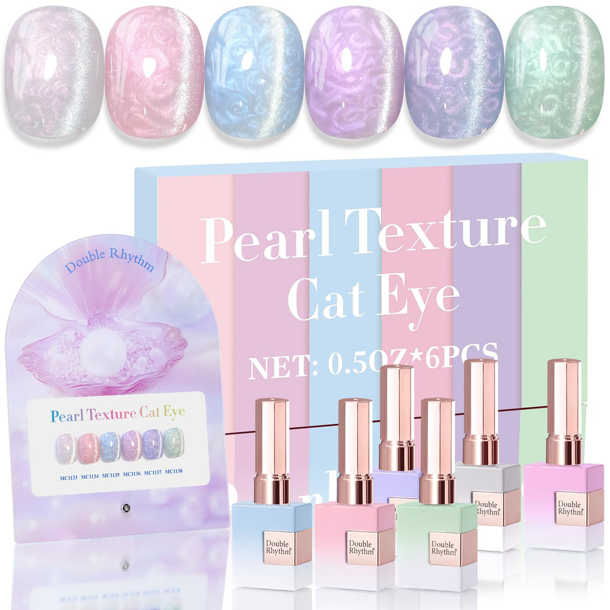 Double Rhythm Cat Eye Gel Nail Polish Set of 6 Same Color Same Bottle 0.5 Oz Shimmer Glitter with Magnet Holographic Magnetic UV Nail Polish Kit (Blush Fuchsia Magenta Purple Violet Lavender -T6-107)