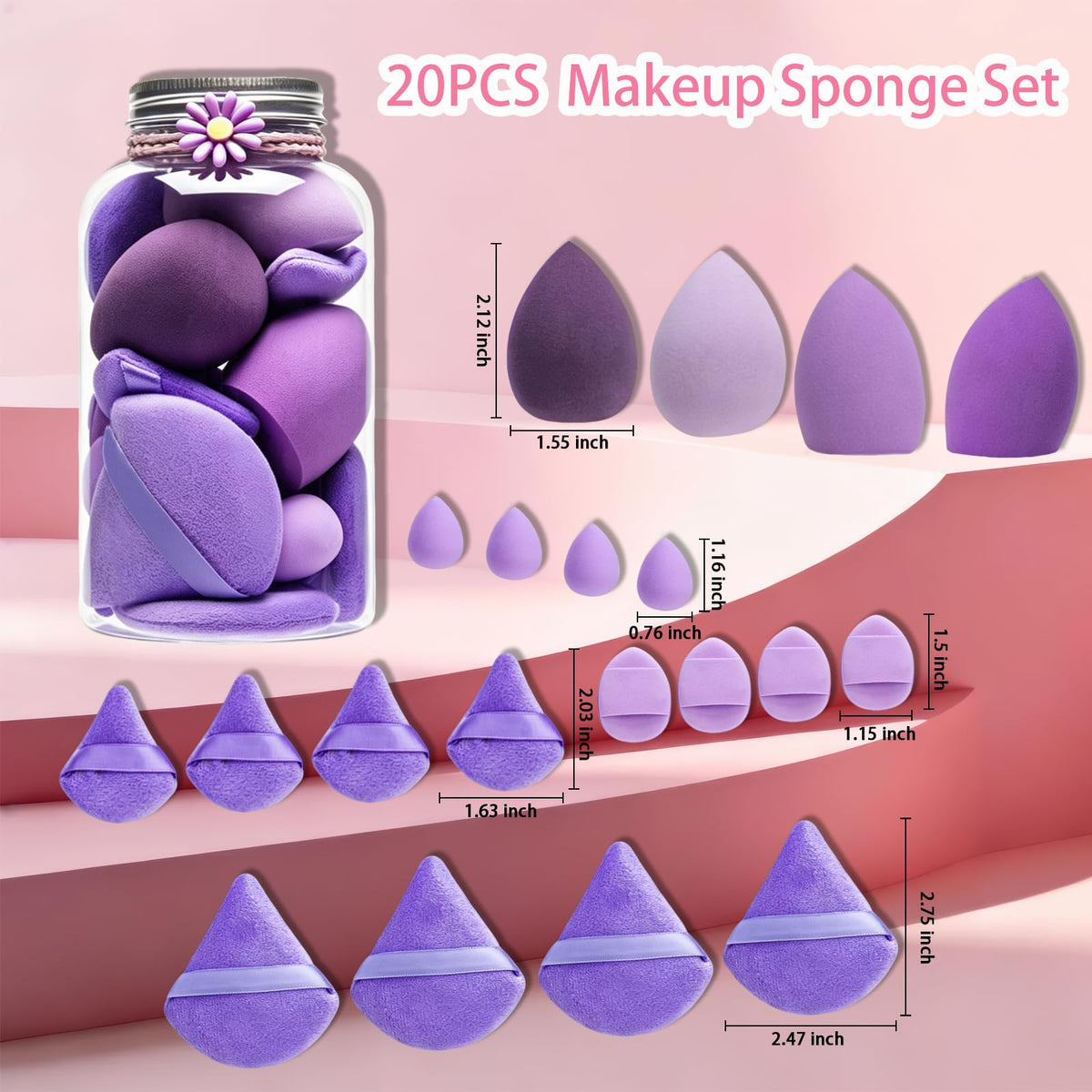 20PCS Makeup Sponge Set With Storage Jar, Wet & Dry Dual Use Beauty Blenders, Triangle Powder Puffs & Mini Finger Puffs,Soft Latex Free Sponges for Liquid, Cream, Powder And Concealer（Blue）