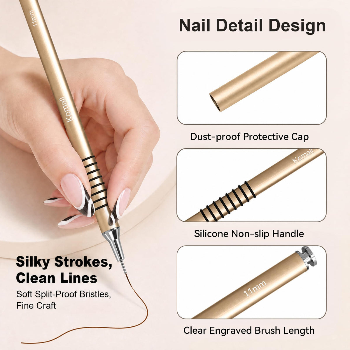 Komall Metallic Nail Art Brushes, 6Pcs Non-slip Liner Brushes Set, Silver
