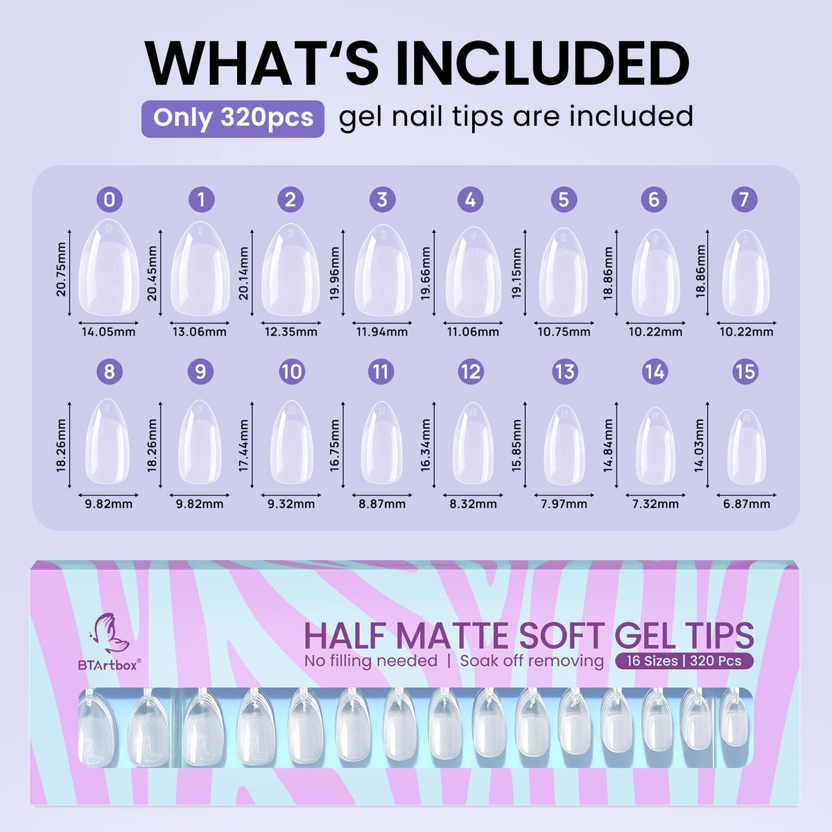 BTArtbox Half Cover Clear Fake Nails with Case, Long Square, 500 Pcs