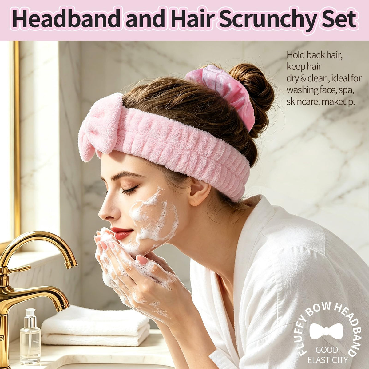 LEOBRO Spa Headband, 6pcs Makeup Headbands and Hair Scrunchies, Bow Skin Care Headband for Washing Face for Teen Girls Women, Easter Basket Valentines Christmas Gift for Girls, Black & White & Gray
