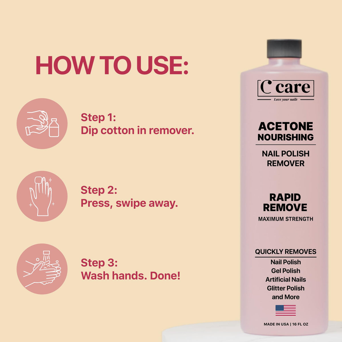 100% Pure Acetone Nail Polish Remover | Professional Quality | Easy To Use | Rapidly Removes Natural, Gel, Acrylic, shellac, and Glitter Nails | 8 Fl oz