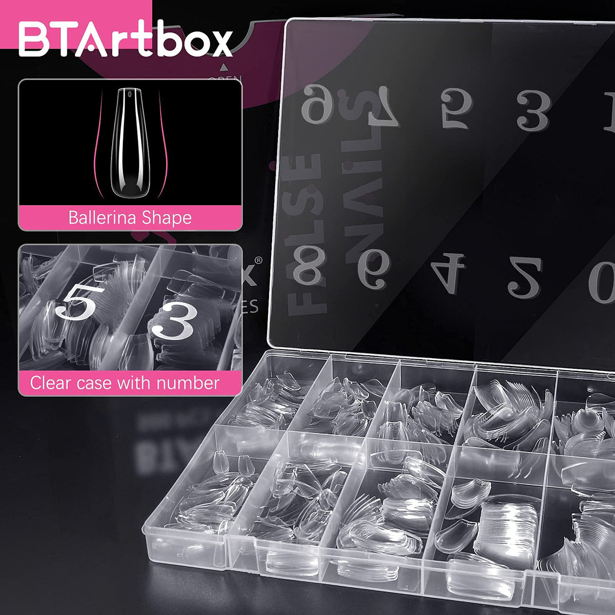 BTArtbox Half Cover Clear Fake Nails with Case, Long Square, 500 Pcs