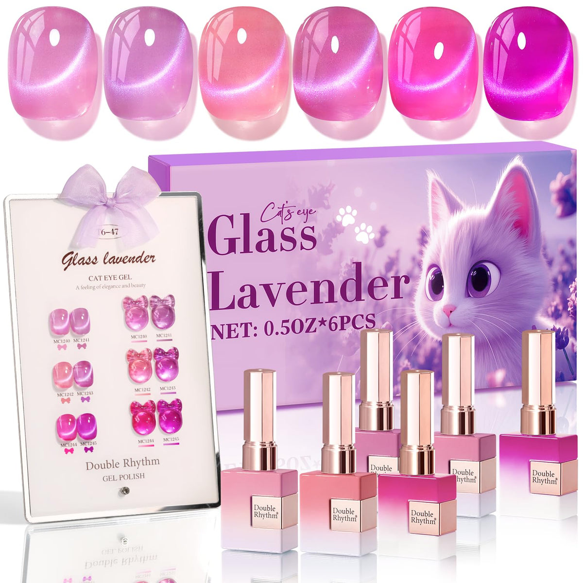 Double Rhythm Cat Eye Gel Nail Polish Set of 6 Same Color Same Bottle 0.5 Oz Shimmer Glitter with Magnet Holographic Magnetic UV Nail Polish Kit (Blush Fuchsia Magenta Purple Violet Lavender -T6-107)