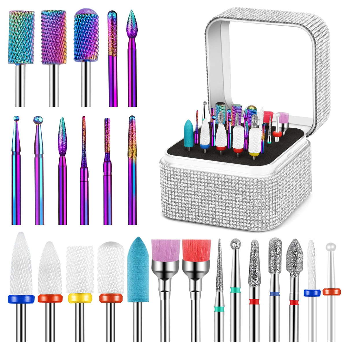 25Pcs Nail Drill Bits Set with Rhinestone Storage Box