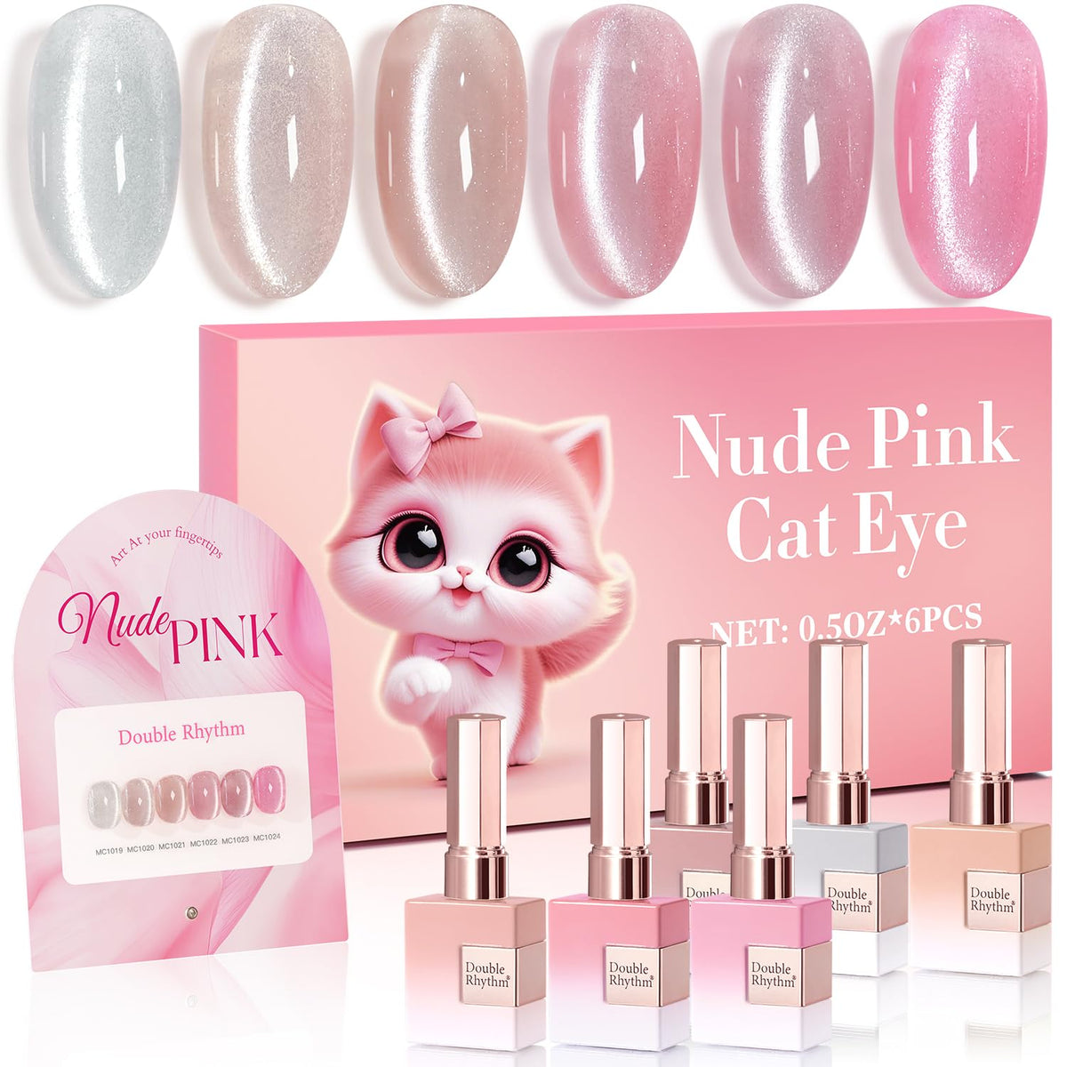 Double Rhythm Cat Eye Gel Nail Polish Set of 6 Same Color Same Bottle 0.5 Oz Shimmer Glitter with Magnet Holographic Magnetic UV Nail Polish Kit (Blush Fuchsia Magenta Purple Violet Lavender -T6-107)