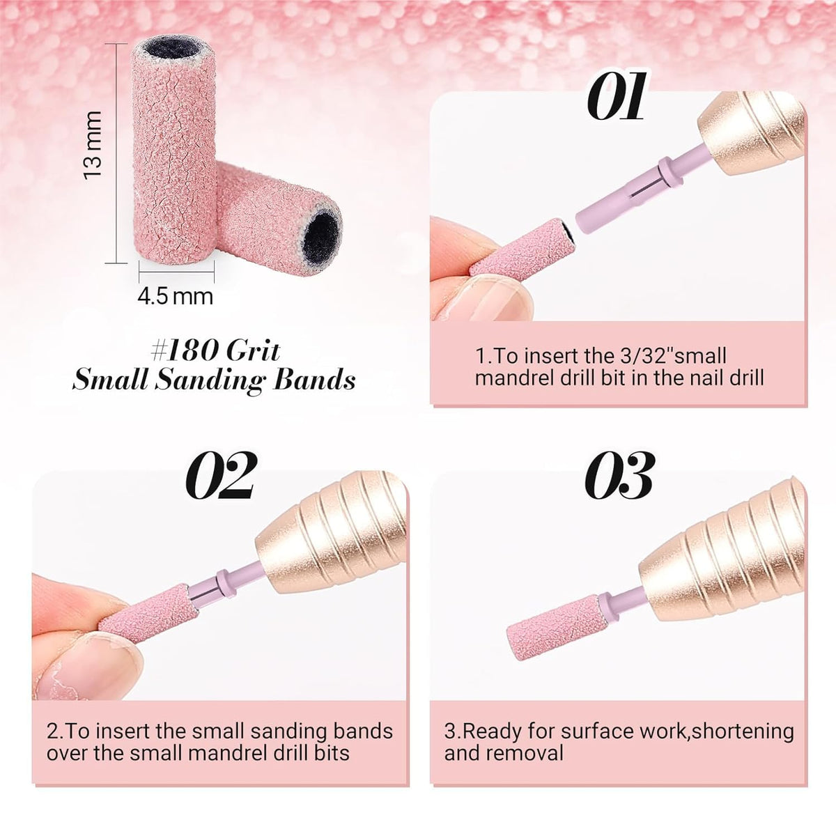 MelodySusie 120 Pcs Nail Drill Bits Small Sanding Bands for 3.1mm Mandrel Bit, 180 Fine Grit Nail File for Acrylic Nails Gel Manicures and Pedicure, Pink (Only Sanding Bands)