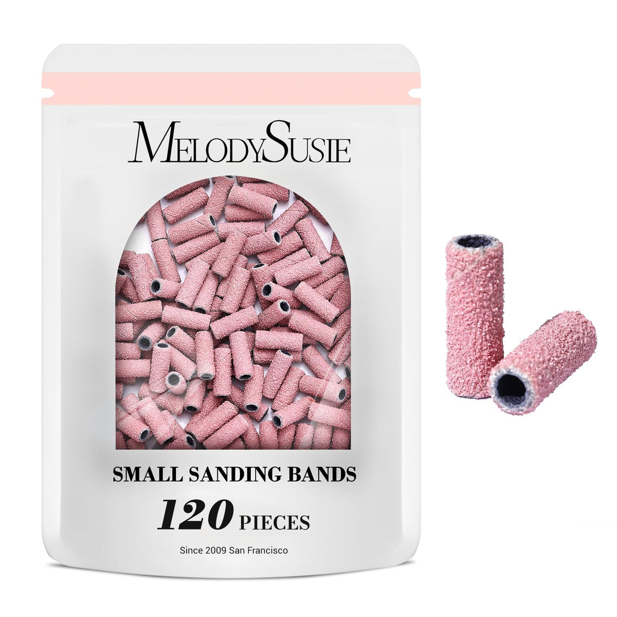 MelodySusie 120 Pcs Nail Drill Bits Small Sanding Bands for 3.1mm Mandrel Bit, 180 Fine Grit Nail File for Acrylic Nails Gel Manicures and Pedicure, Pink (Only Sanding Bands)