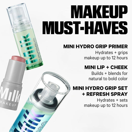 Milk Makeup Mini Must-Haves Set – Includes 12HR Hydrating Face Primer (.33oz) + 12HR Setting Spray for Gripping Makeup (1.69oz) and Multi-Use Cream Blush Stick + Lip Color in Werk (Dusty Rose, 0.10oz)