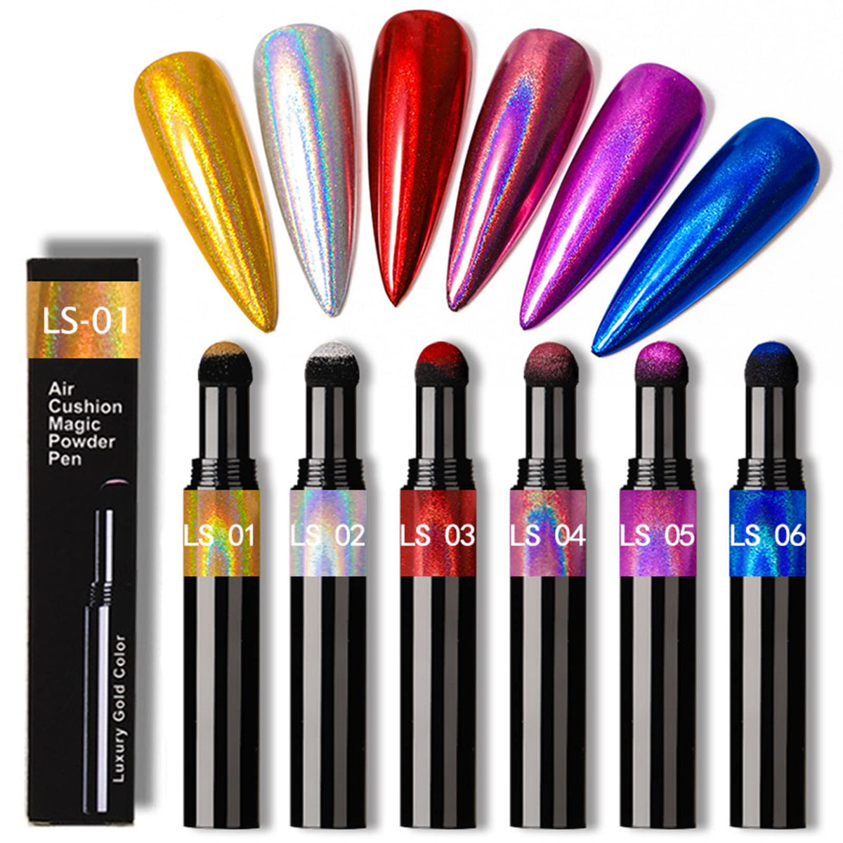 Rose Gold Chrome Nail Powder Pen,RoseFlower 6 pcs Metallic Nail Art Pigment Powder Pen Set, Shiny Nail Glitter Powder Air Cushion Pen with Magic Mirror Effect for Nail Art Design Decoration