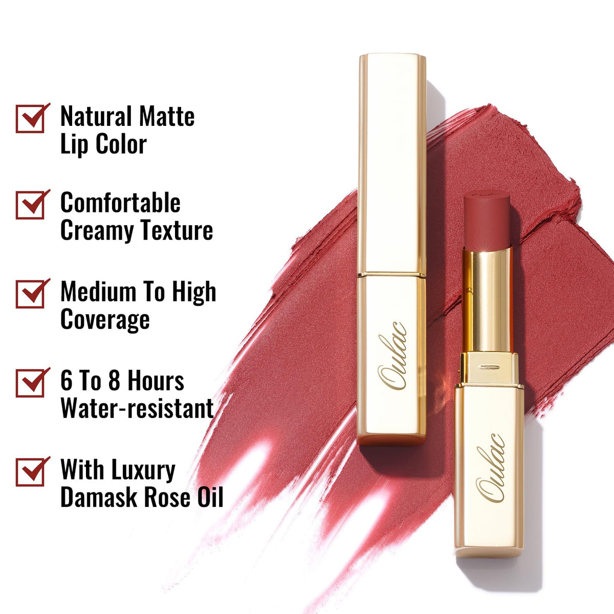 Oulac Red Matte Lipsticks for Women, Silky Velvet Matte Lipstick, Terracotta High Impact Lip Color, Soft Smooth Texture, Not Dry Lightweight Formula Infused with Vitamin E, RM06