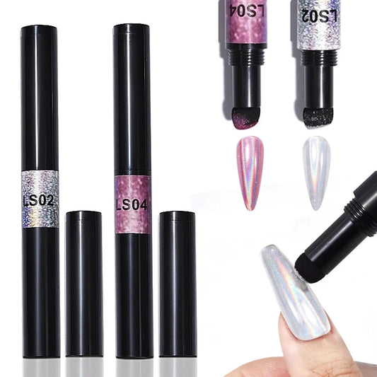 Air Cushion Chrome Powder Nail Pen Set (2 PCS) - Holographic Laser Mirror Effect Chrome Nail Pens, Magic Powder Applicator for Nails for DIY Nail Art & Salon Use