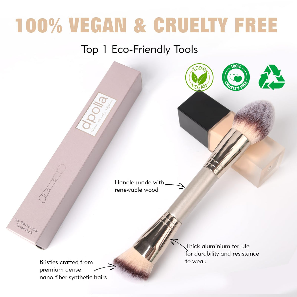 Dual-Ended Foundation Brush: Round & Angled makeup brushes, 100% Vegan Synthetic Makeup Brush for Flawless Blending and Application of Liquid, Powder, Cream, Blush
