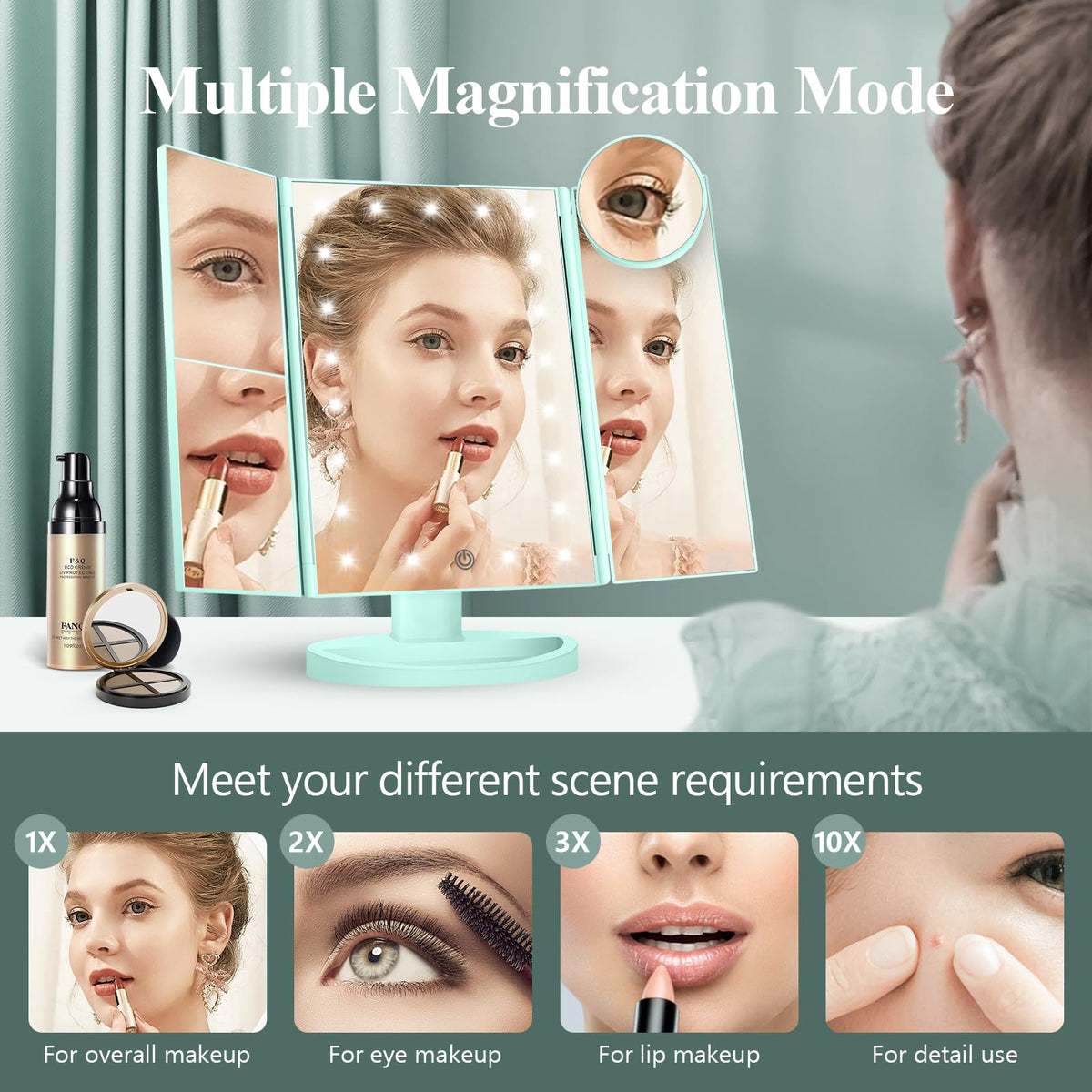 HUONUL 2X/3X/10X Magnifying Vanity Mirror with Light, Trifold Makeup Mirror