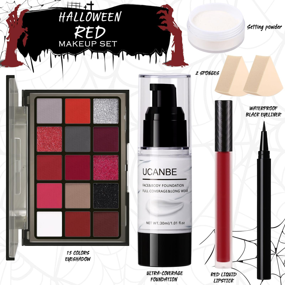 UCANBE Halloween Makeup Kit – 15-Color Purple Eyeshadow Palette, White Liquid Foundation, Purple Liquid Lipstick, Black Eyeliner, Setting Powder & Sponges Makeup Set for Cosplay Witch Devil Sorceress
