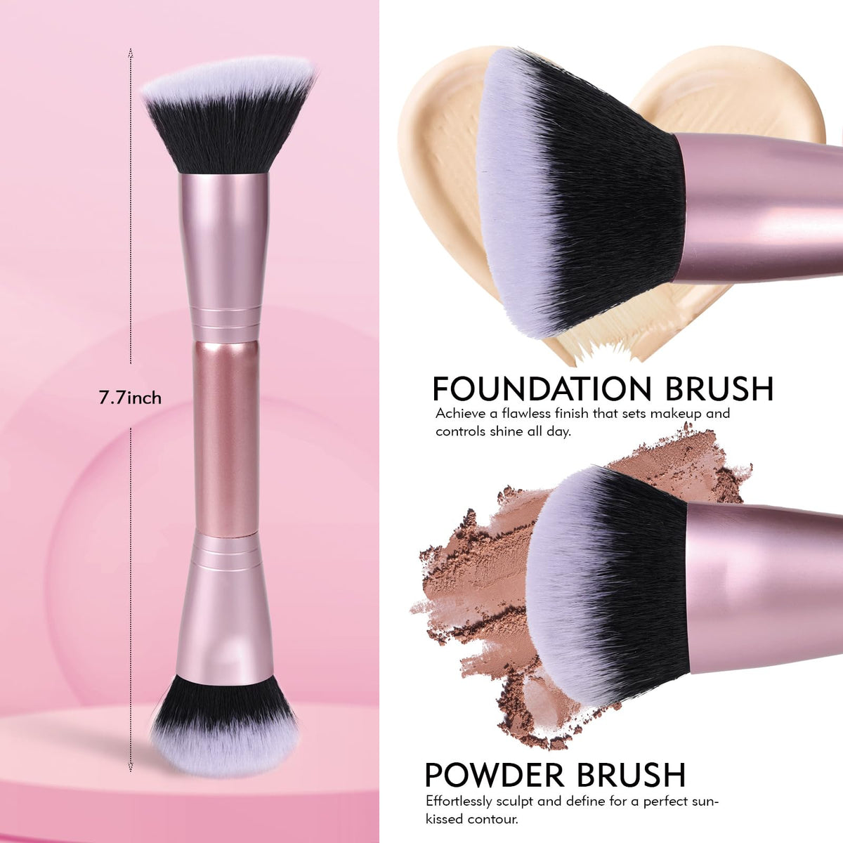 Dual-Ended Foundation Brush: Round & Angled makeup brushes, 100% Vegan Synthetic Makeup Brush for Flawless Blending and Application of Liquid, Powder, Cream, Blush