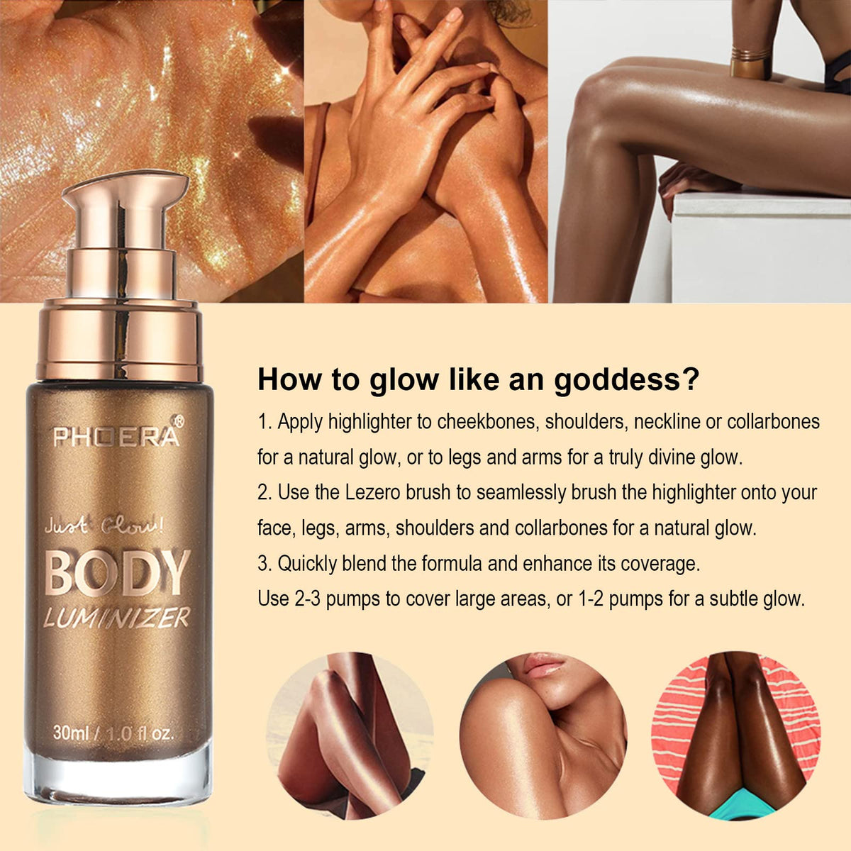 Body Shimmer Oil, Rose Gold Natural Glow Luminizer, Brush Include, 1oz