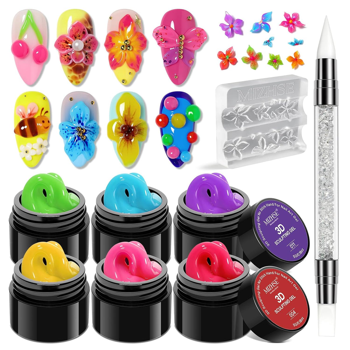 MIZHSE 3D Nail Scupting Gel for Nail Art, 6PCS Neon Colors Non-sticky