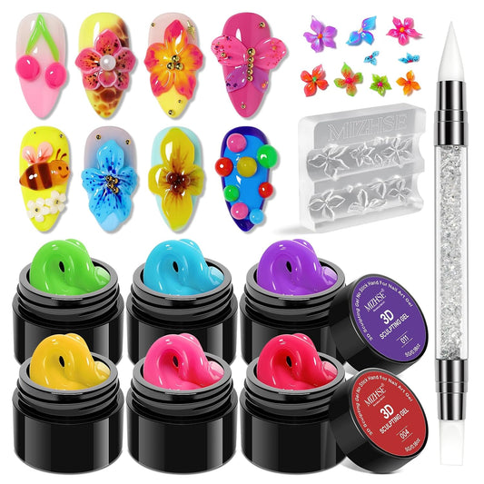 MIZHSE 3D Nail Scupting Gel for Nail Art, 6PCS Neon Colors Non-sticky