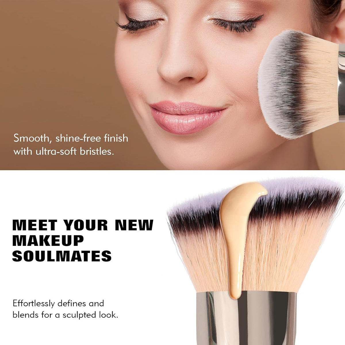 Dual-Ended Foundation Brush: Round & Angled makeup brushes, 100% Vegan Synthetic Makeup Brush for Flawless Blending and Application of Liquid, Powder, Cream, Blush