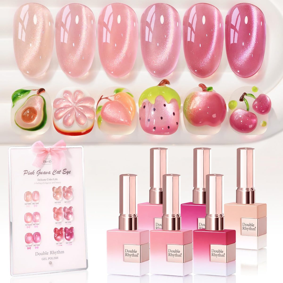 Double Rhythm Cat Eye Gel Nail Polish Set of 6 Same Color Same Bottle 0.5 Oz Shimmer Glitter with Magnet Holographic Magnetic UV Nail Polish Kit (Blush Fuchsia Magenta Purple Violet Lavender -T6-107)
