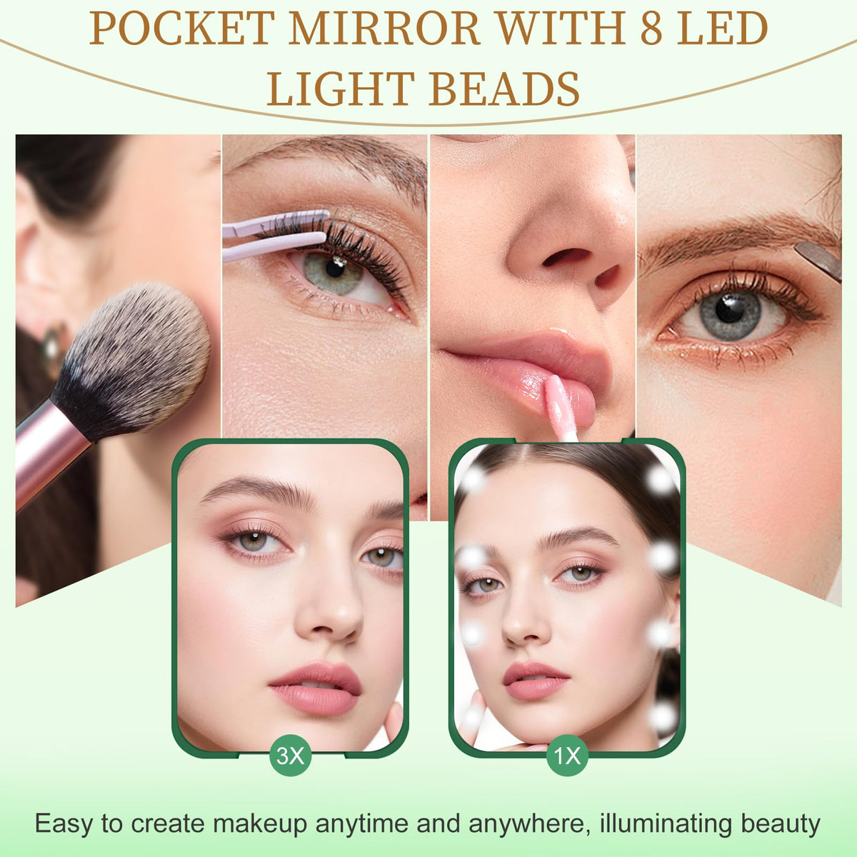 Compact Mirror with Light, 1X/3X Magnification LED Pocket Mirror for Women