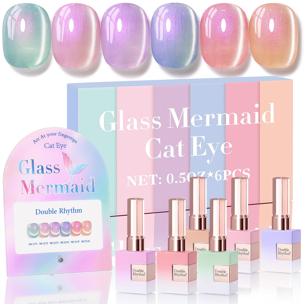 Double Rhythm Cat Eye Gel Nail Polish Set of 6 Same Color Same Bottle 0.5 Oz Shimmer Glitter with Magnet Holographic Magnetic UV Nail Polish Kit (Blush Fuchsia Magenta Purple Violet Lavender -T6-107)