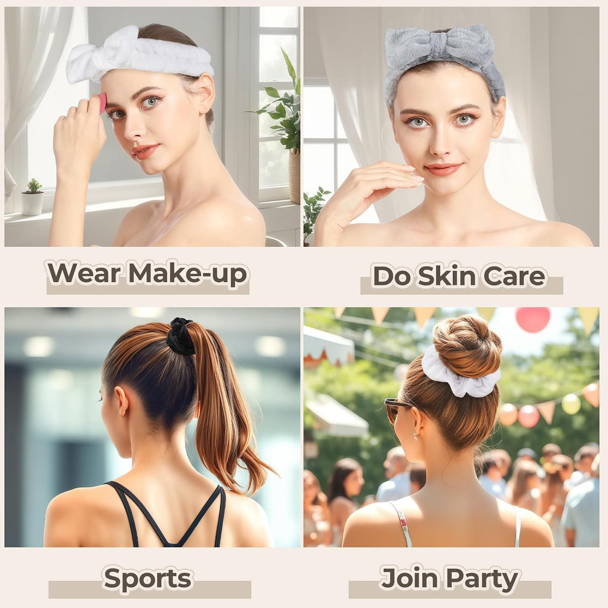 LEOBRO Spa Headband, 6pcs Makeup Headbands and Hair Scrunchies, Bow Skin Care Headband for Washing Face for Teen Girls Women, Easter Basket Valentines Christmas Gift for Girls, Black & White & Gray