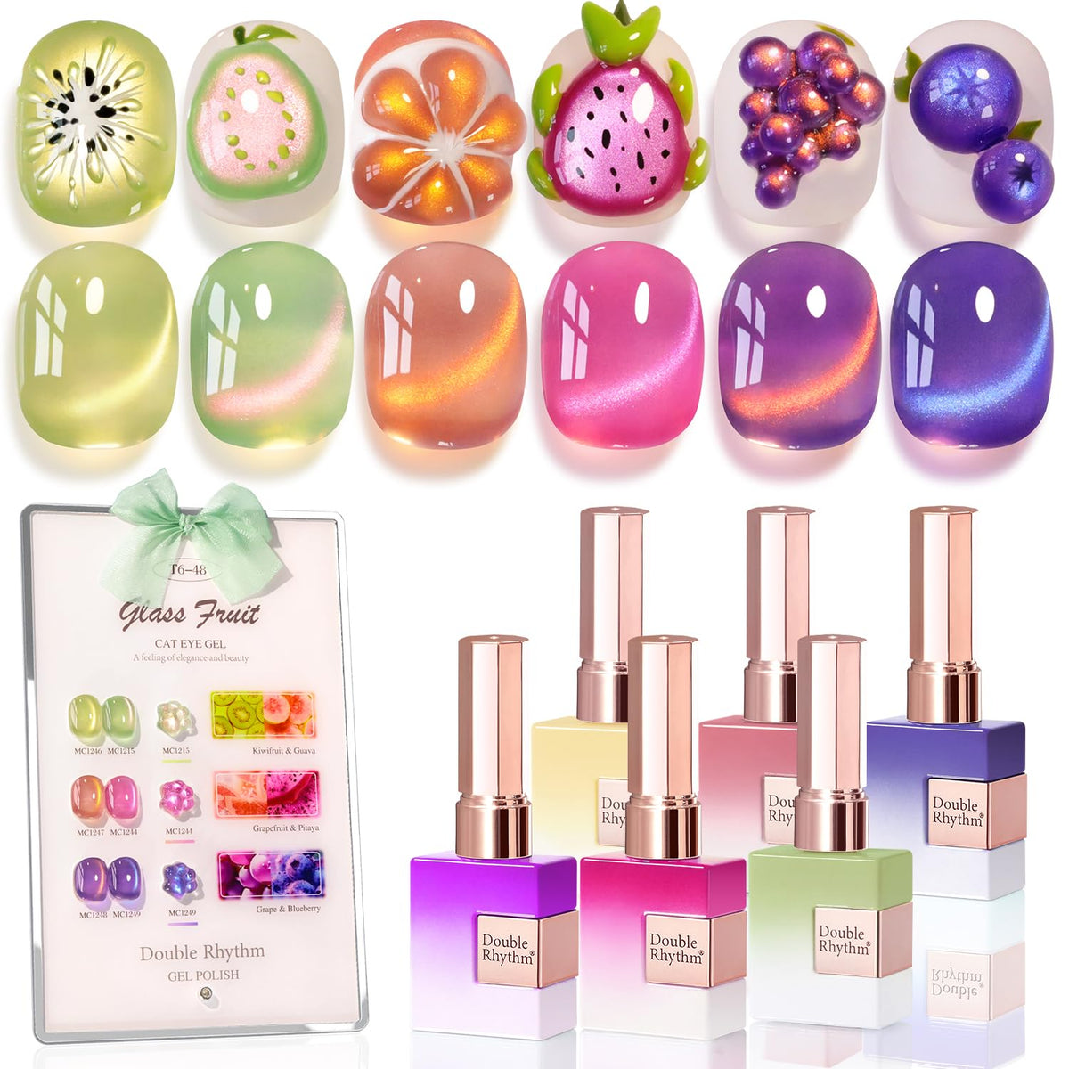 Double Rhythm Cat Eye Gel Nail Polish Set of 6 Same Color Same Bottle 0.5 Oz Shimmer Glitter with Magnet Holographic Magnetic UV Nail Polish Kit (Blush Fuchsia Magenta Purple Violet Lavender -T6-107)