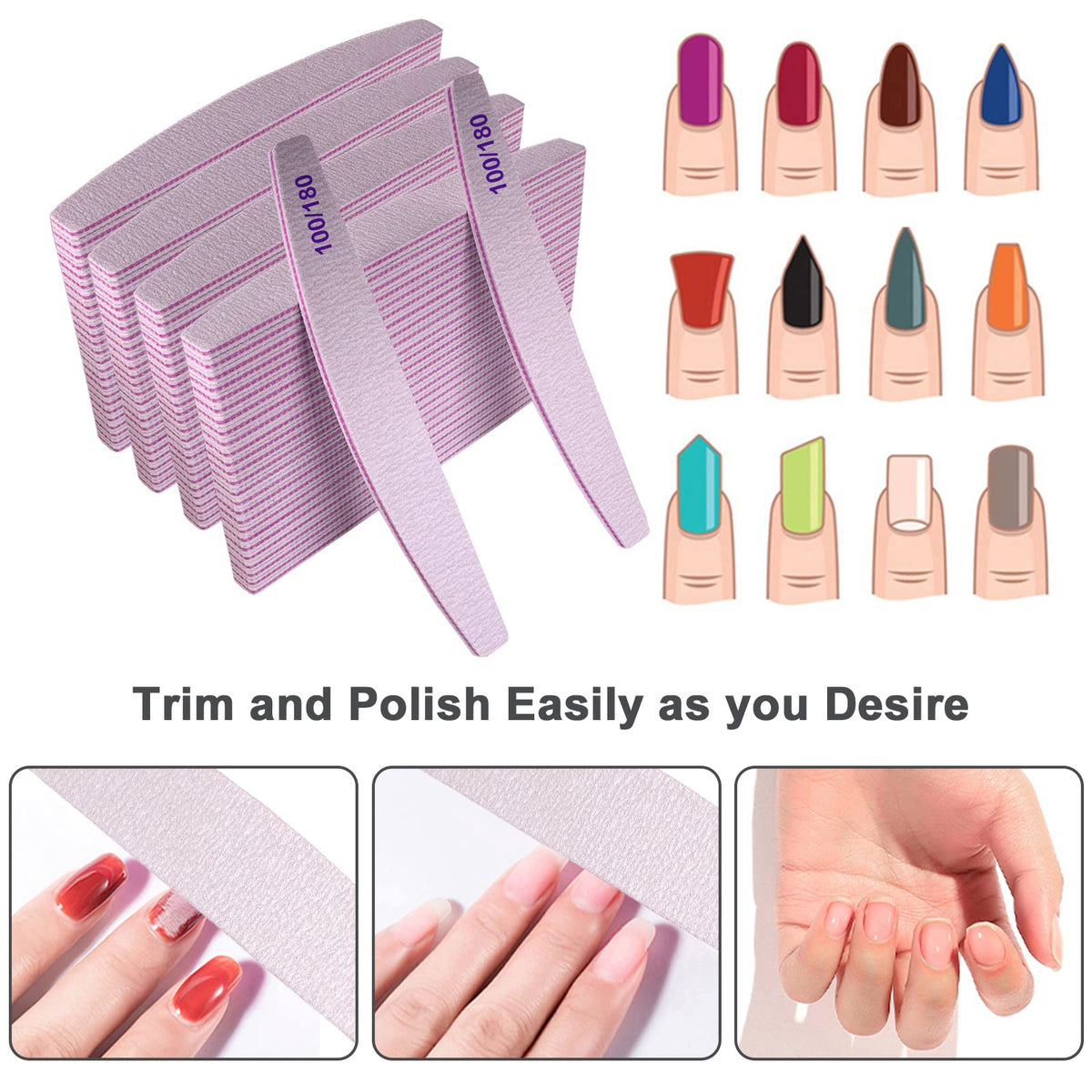 50 Pcs Nail File, Emery Board Nail Files for Acrylic Nails and Natural Nails, 100/180 Grit Double Sided Fingernail File Gel Nail Professional Reusable Washable Manicure Pedicure Kit Set Gray