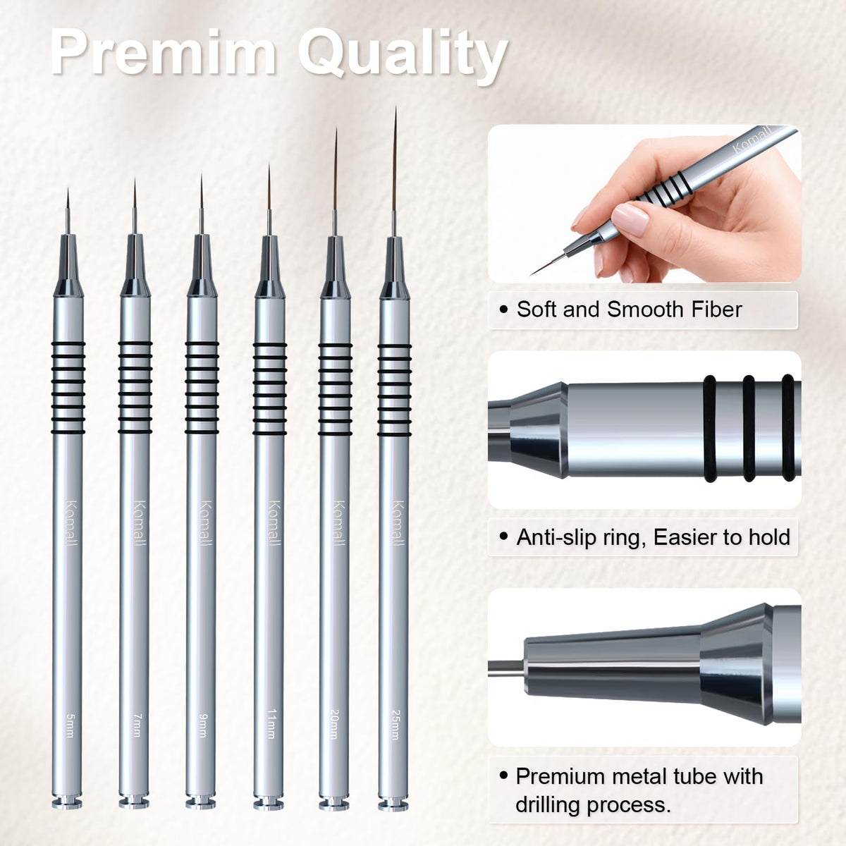 Komall Metallic Nail Art Brushes, 6Pcs Non-slip Liner Brushes Set, Silver
