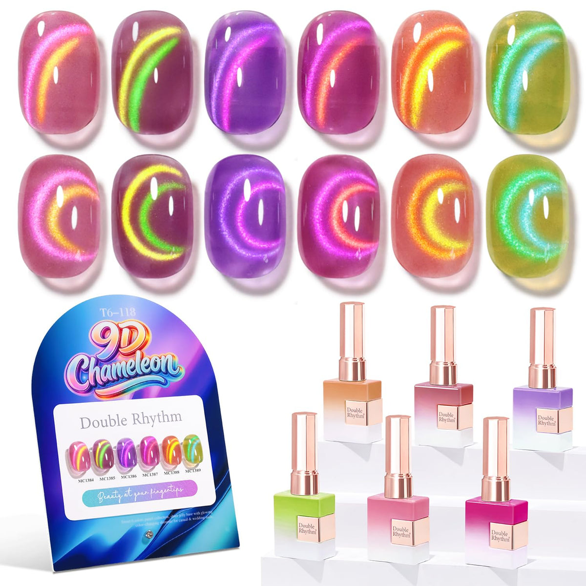 Double Rhythm Cat Eye Gel Nail Polish Set of 6 Same Color Same Bottle 0.5 Oz Shimmer Glitter with Magnet Holographic Magnetic UV Nail Polish Kit (Blush Fuchsia Magenta Purple Violet Lavender -T6-107)