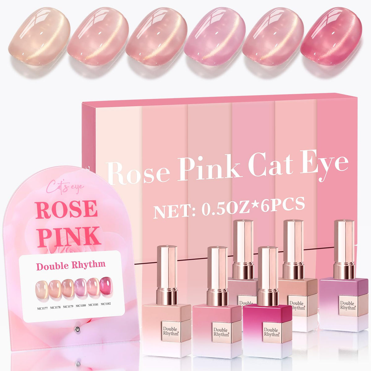 Double Rhythm Cat Eye Gel Nail Polish Set of 6 Same Color Same Bottle 0.5 Oz Shimmer Glitter with Magnet Holographic Magnetic UV Nail Polish Kit (Blush Fuchsia Magenta Purple Violet Lavender -T6-107)
