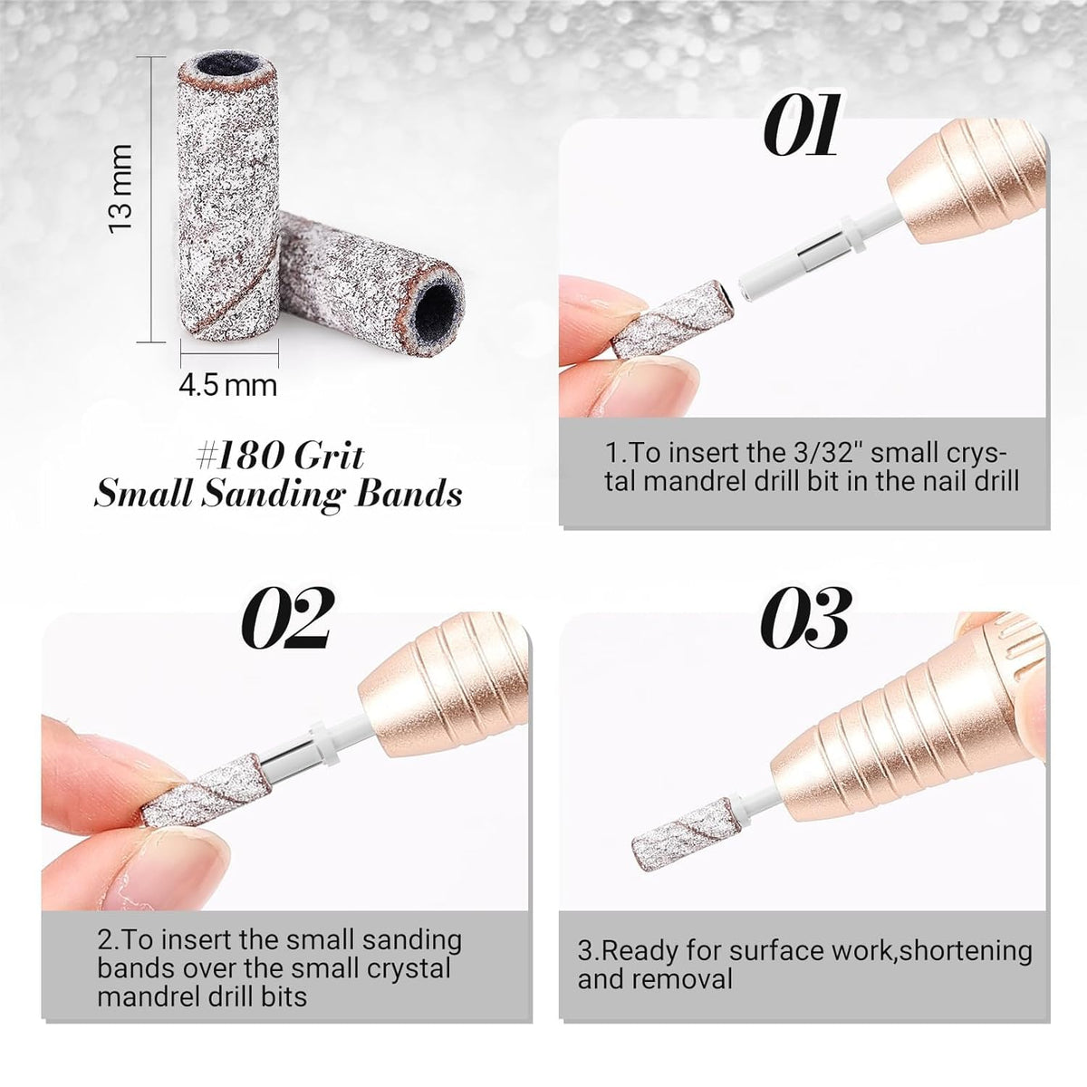 MelodySusie 120 Pcs Nail Drill Bits Small Sanding Bands for 3.1mm Mandrel Bit, 180 Fine Grit Nail File for Acrylic Nails Gel Manicures and Pedicure, Pink (Only Sanding Bands)