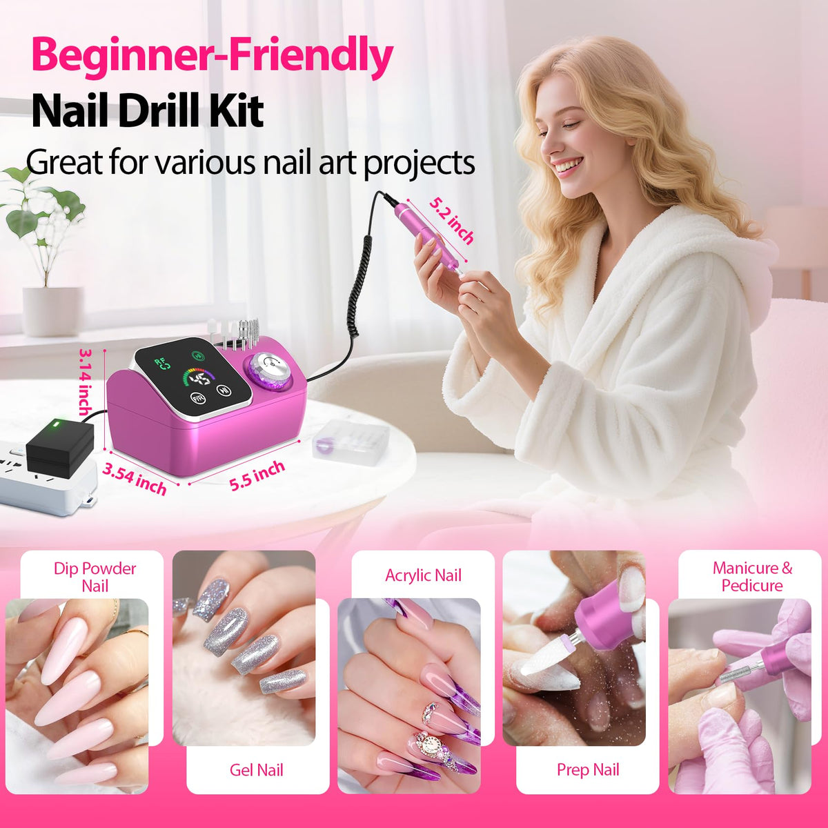 45000RPM Professional Corded Nail Drill E-File Kit for Salon Home