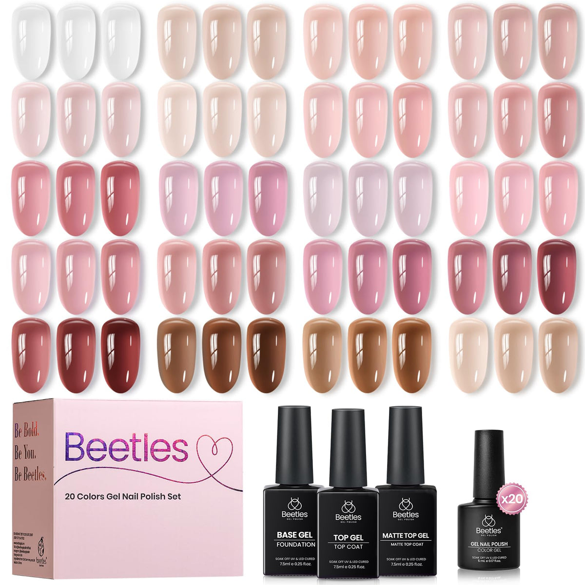 Beetles Gel Nail Polish Set, 63 PCS 55 Colors Gel Polish Kit with Base Coat