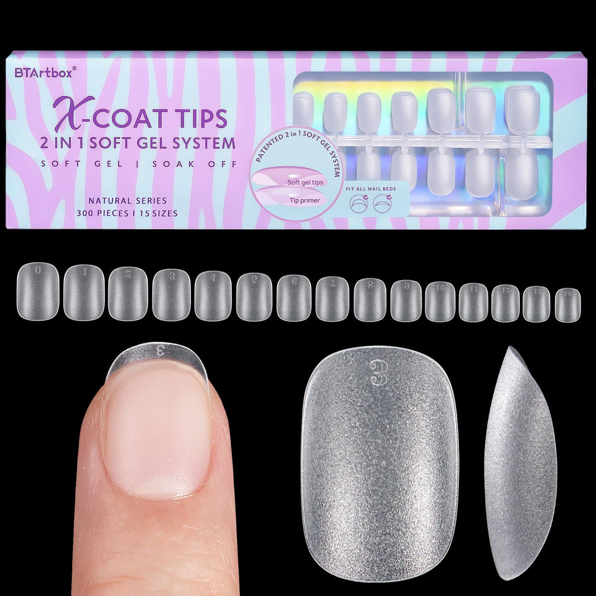 BTArtbox Half Cover Clear Fake Nails with Case, Long Square, 500 Pcs